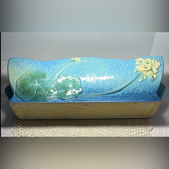 1948 Roseville Wincraft Blue Pottery Set Window Box Planter Candlesticks Vintage - Picture 6 of 17